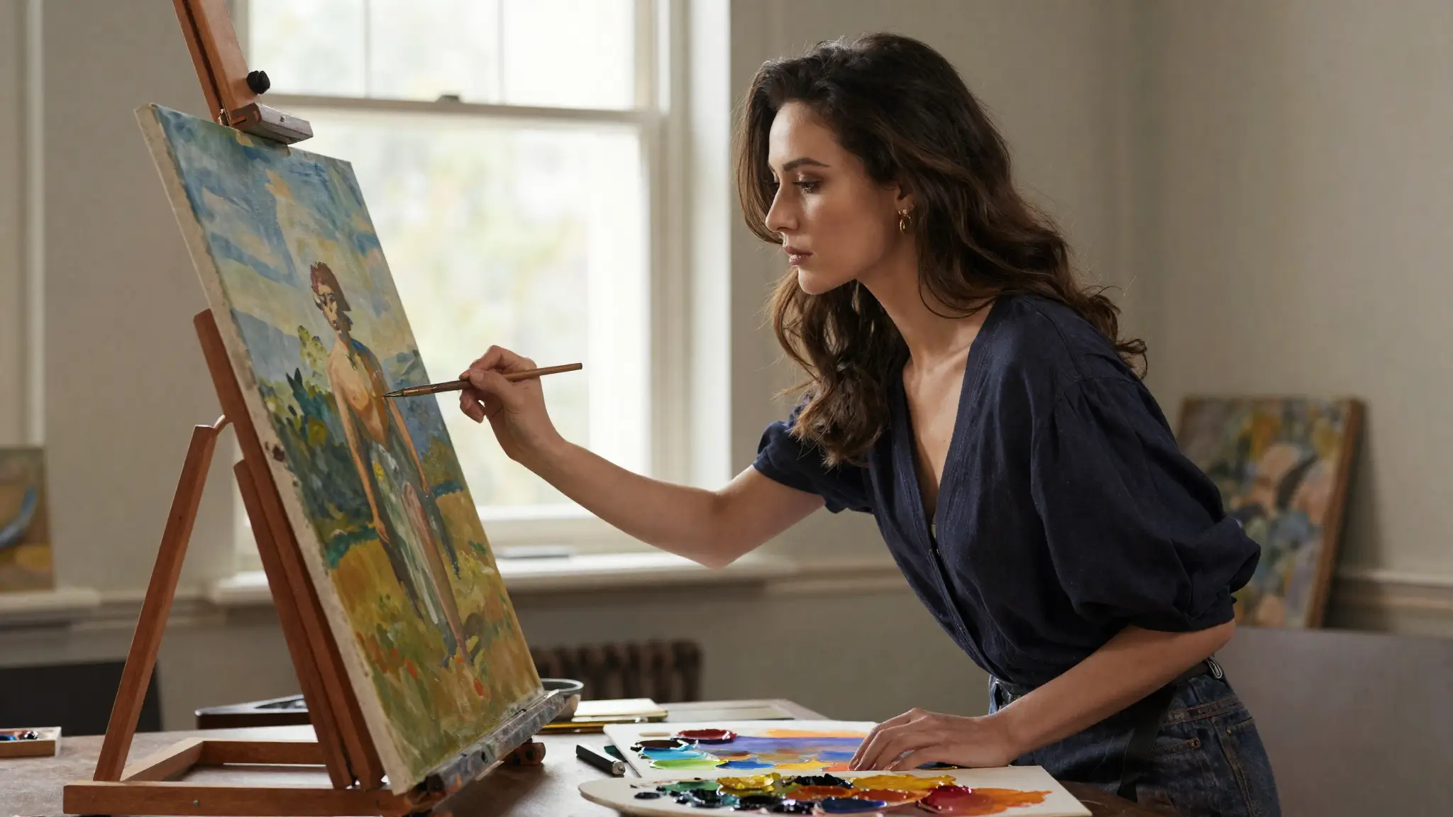 فنانة تشكيلية ترسم على لوحة كبيرة في استوديو فني تغمره إضاءة طبيعية ناعمة